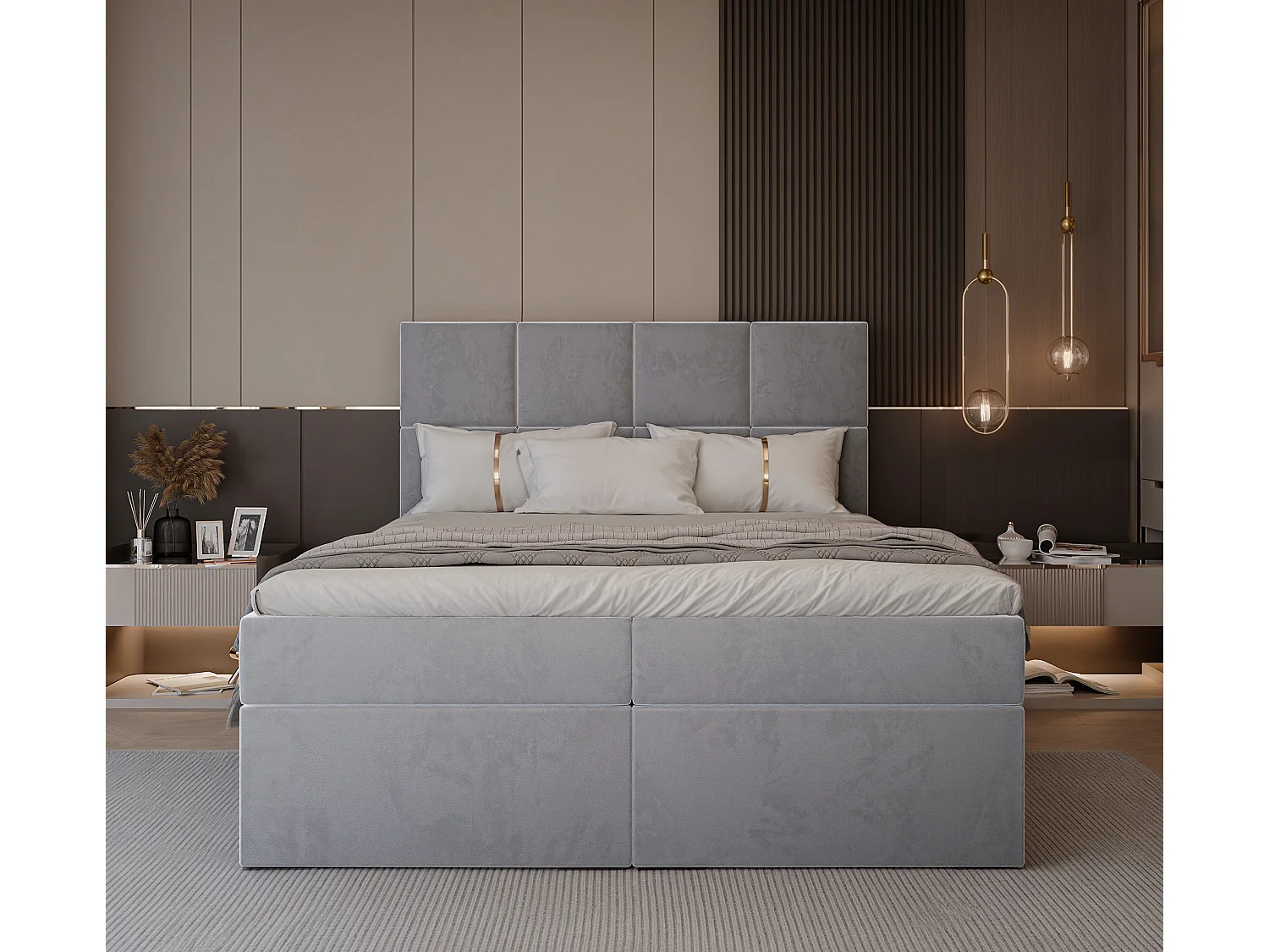 Lit continental rembourré avec surmatelas, gris clair - 140x200 - MAGNUS