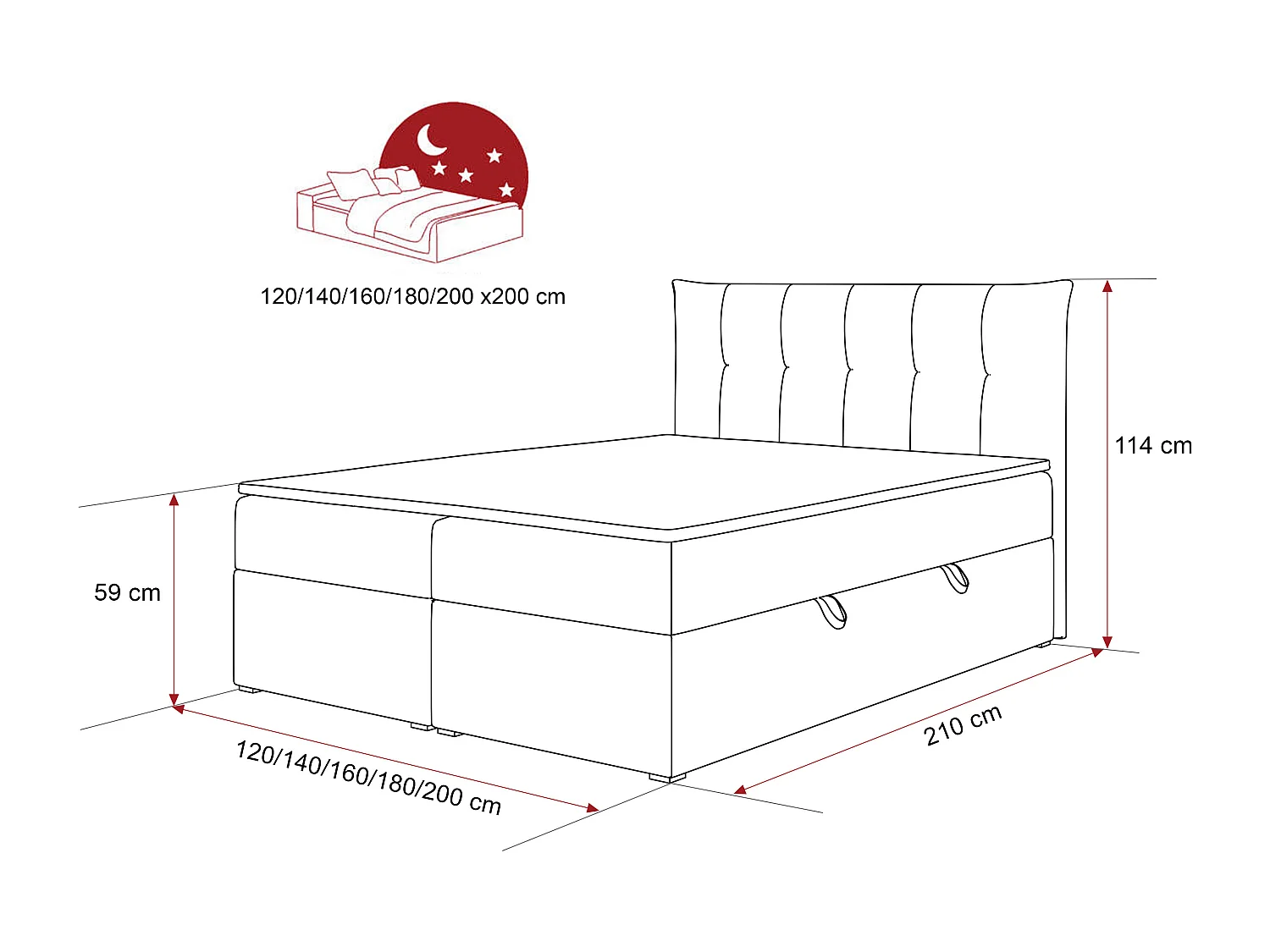 Lit continental rembourré avec surmatelas, gris  - 180x200 - CHESTER