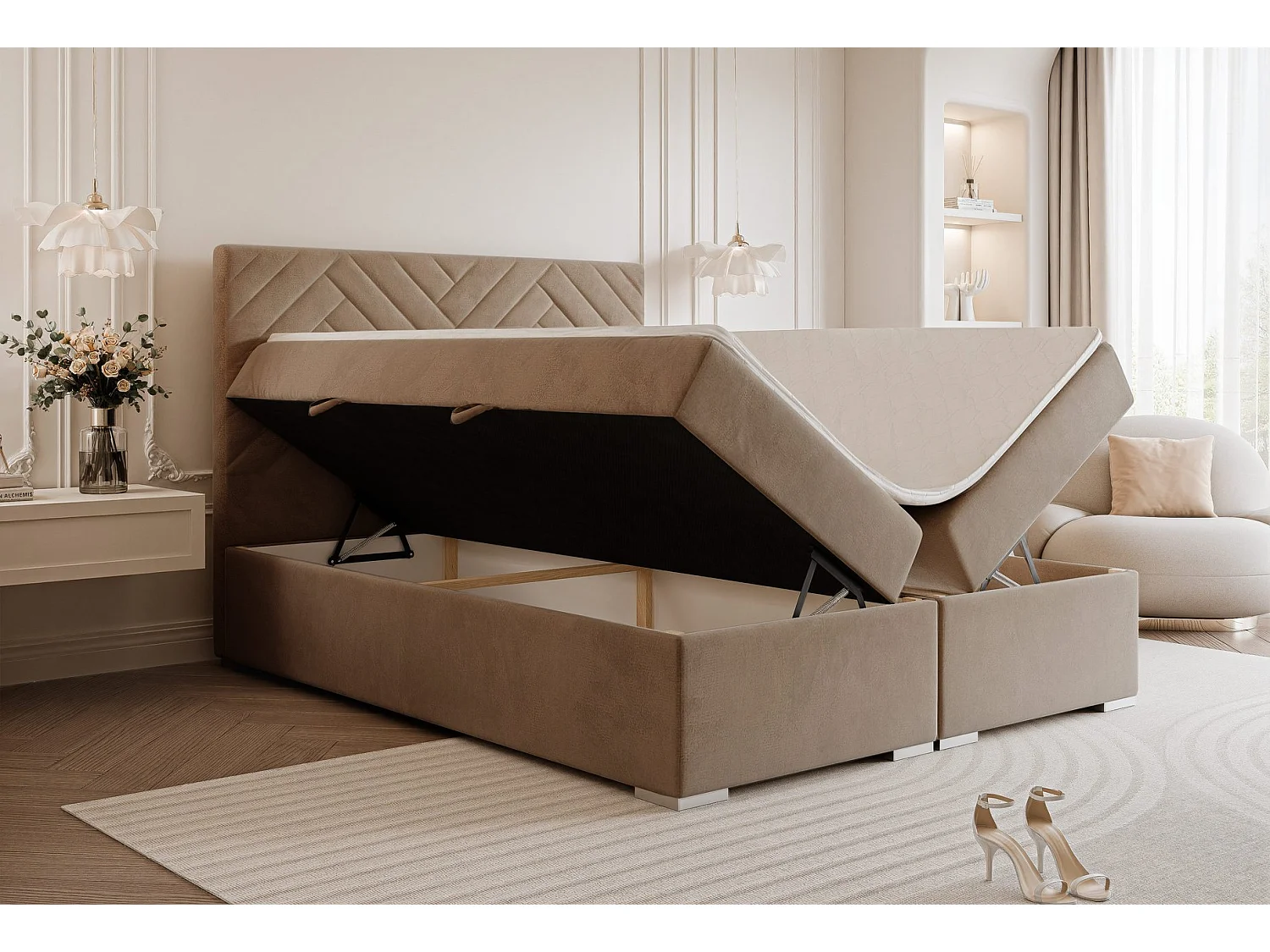 Lit continental rembourré avec surmatelas, marron - 140x200 - NEREA