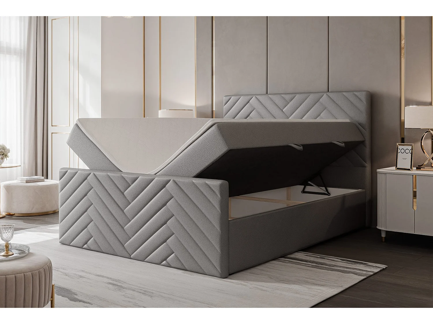 Lit continental rembourré avec surmatelas, gris  - 160x200 - NEREA PLUS