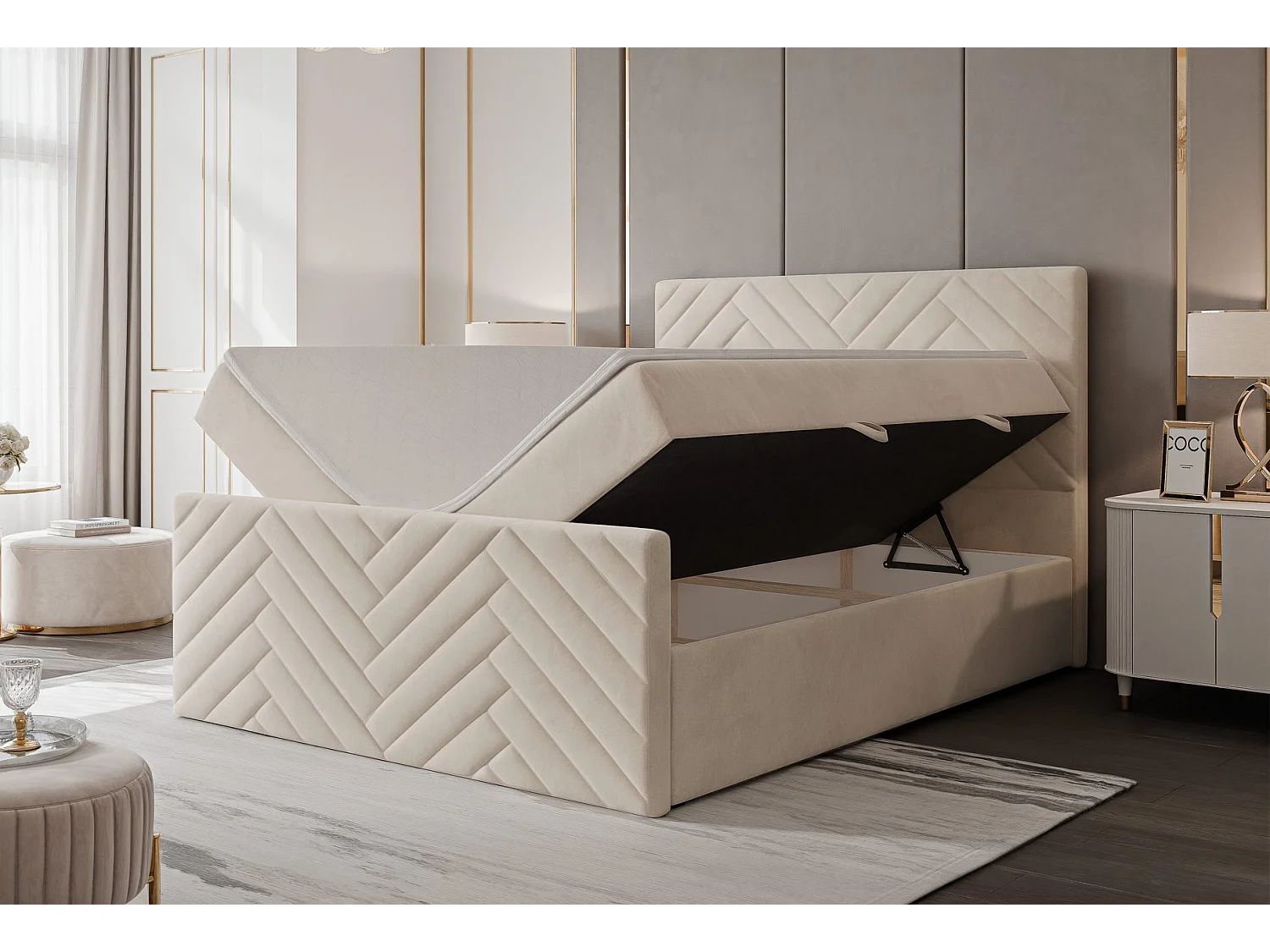 Lit continental rembourré avec surmatelas, beige - 200x200 - NEREA PLUS