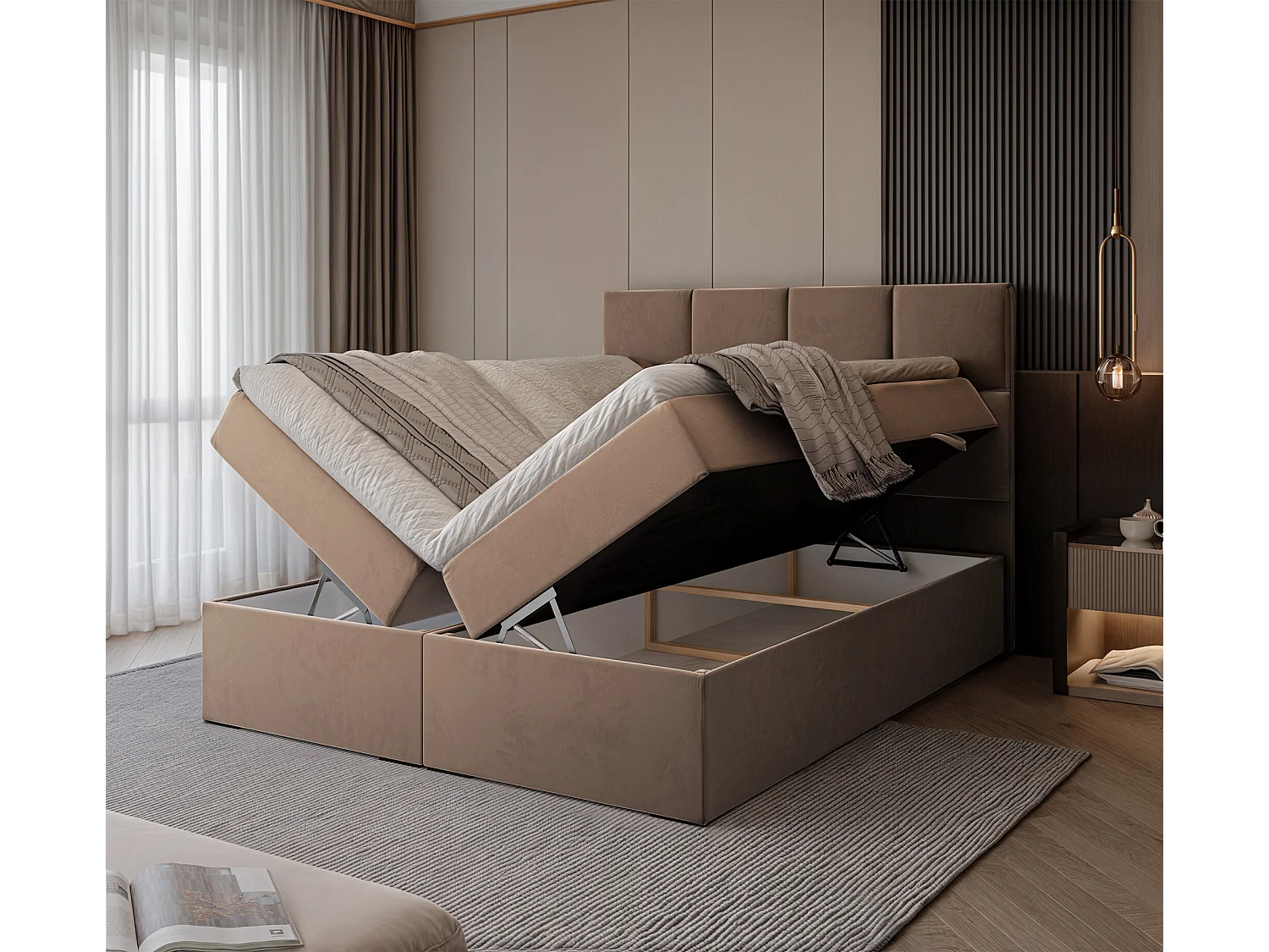 Lit continental rembourré avec surmatelas, marron - 180x200 - MAGNUS