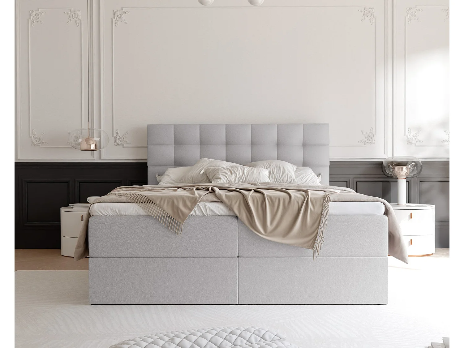 Lit continental rembourré avec surmatelas, gris  - 200x200 - GRAND