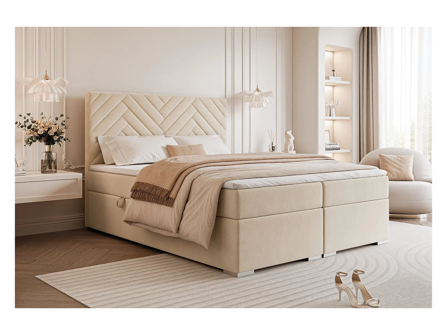 Lit continental rembourré avec surmatelas, crème - 180x200 - NEREA