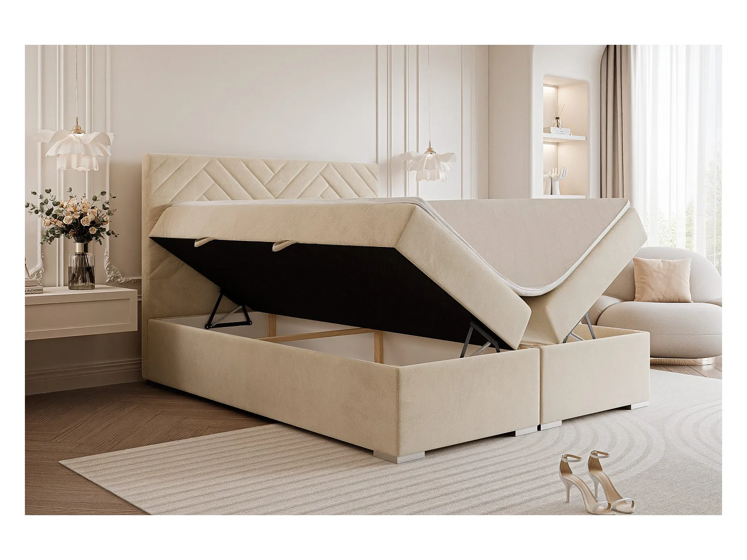 Lit continental rembourré avec surmatelas, crème - 180x200 - NEREA