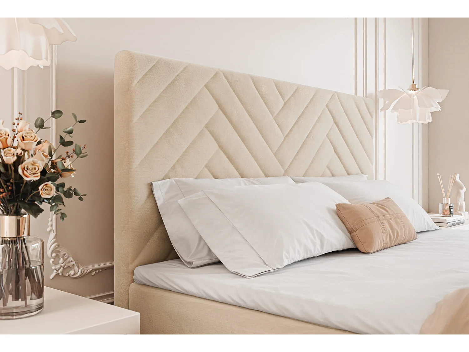 Lit continental rembourré avec surmatelas, crème - 180x200 - NEREA