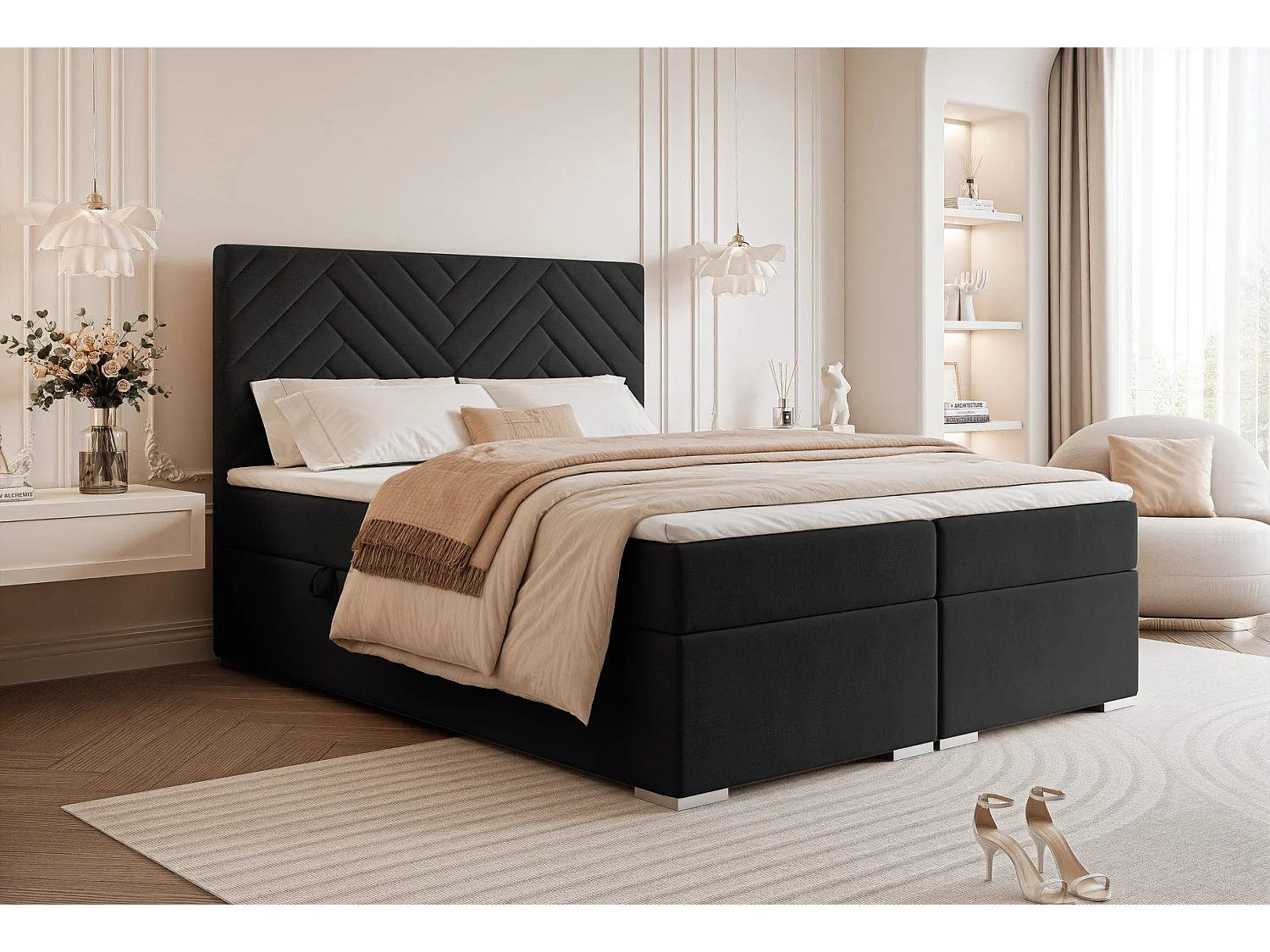 Lit continental rembourré avec surmatelas, noir - 140x200 - NEREA