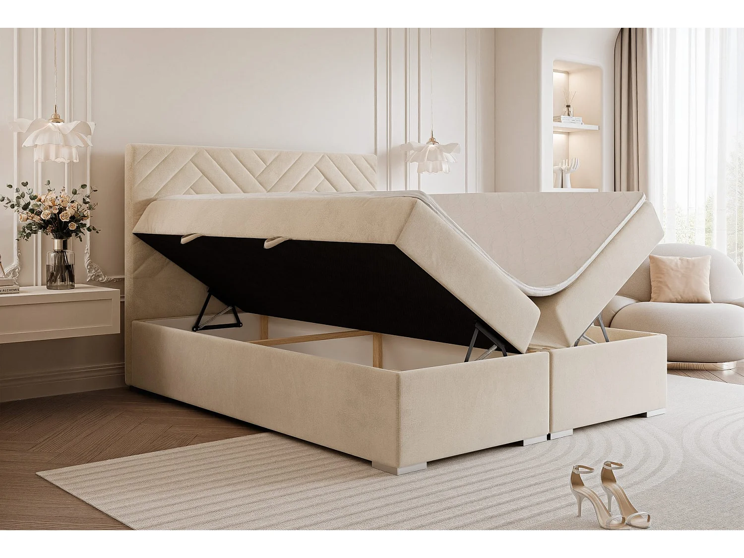 Lit continental rembourré avec surmatelas, beige - 140x200 - NEREA