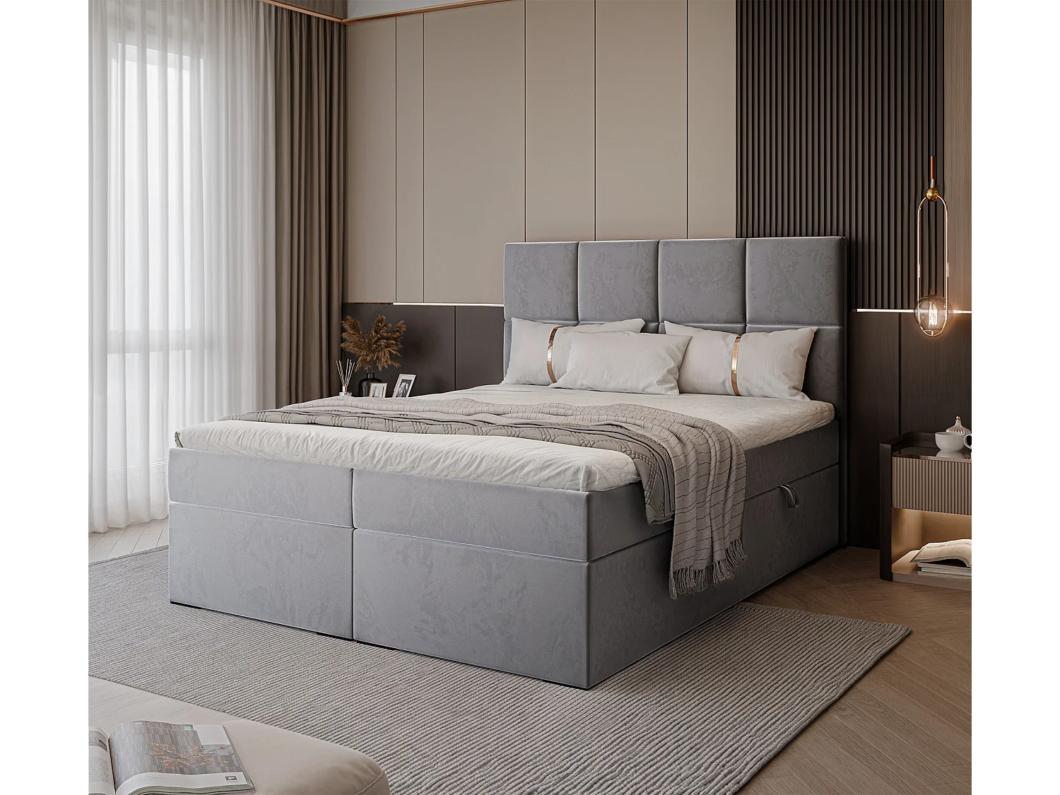 Lit continental rembourré avec surmatelas, gris clair - 200x200 - MAGNUS