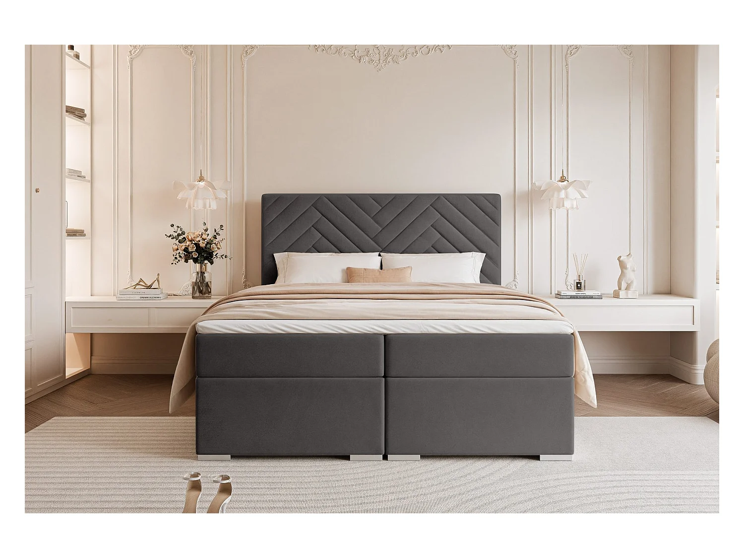 Lit continental rembourré avec surmatelas, gris anthracite - 180x200 - NEREA