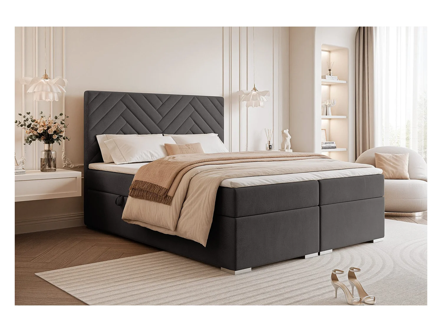 Lit continental rembourré avec surmatelas, gris anthracite - 140x200 - NEREA
