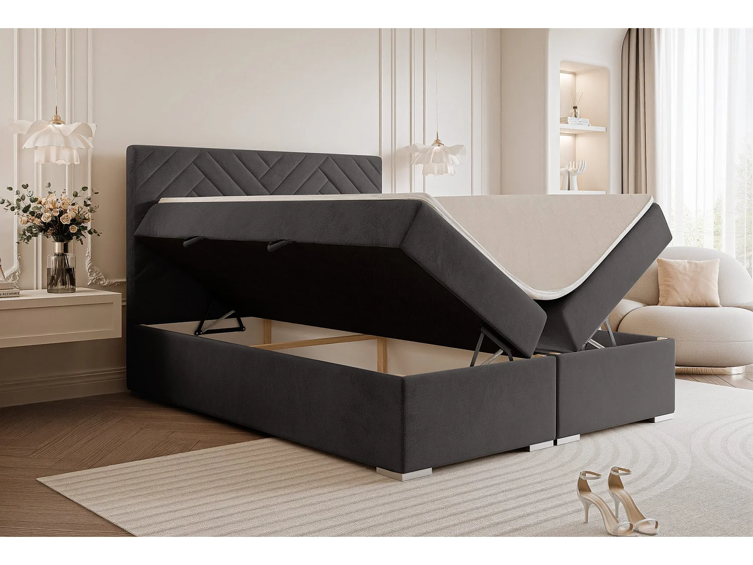 Lit continental rembourré avec surmatelas, gris anthracite - 140x200 - NEREA