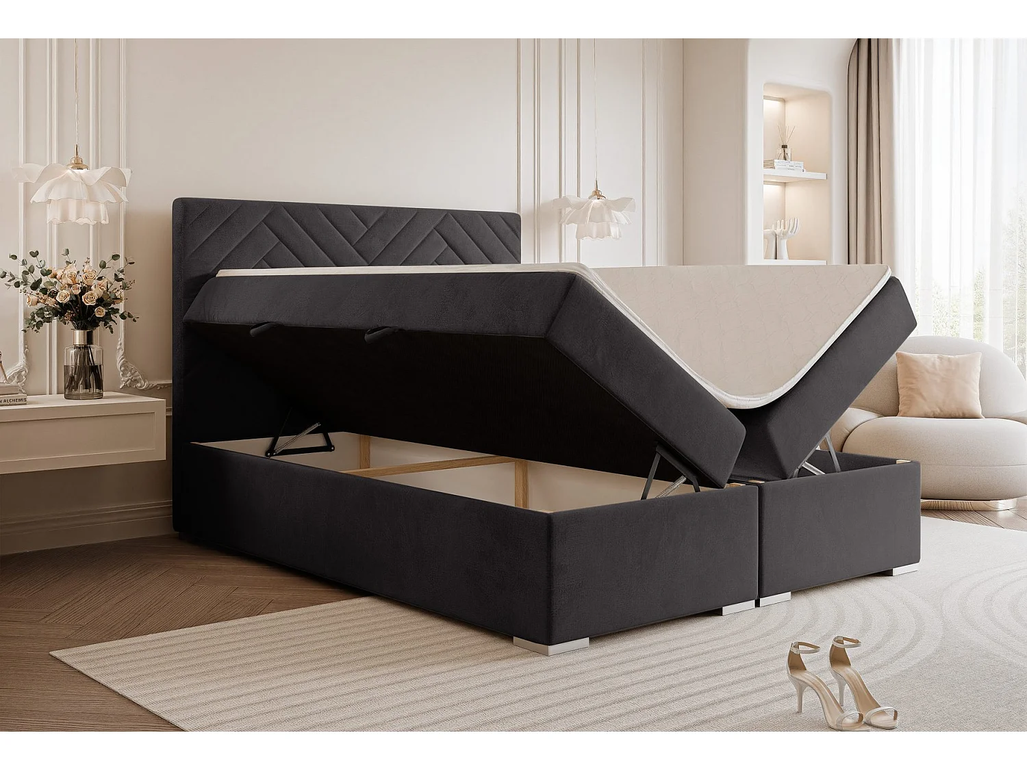 Lit continental rembourré avec surmatelas, gris anthracite - 180x200 - NEREA