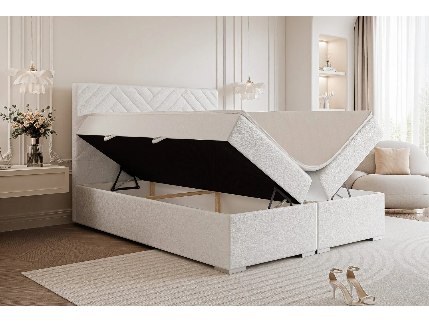 Lit continental rembourré avec surmatelas, blanc  - 160x200 - NEREA