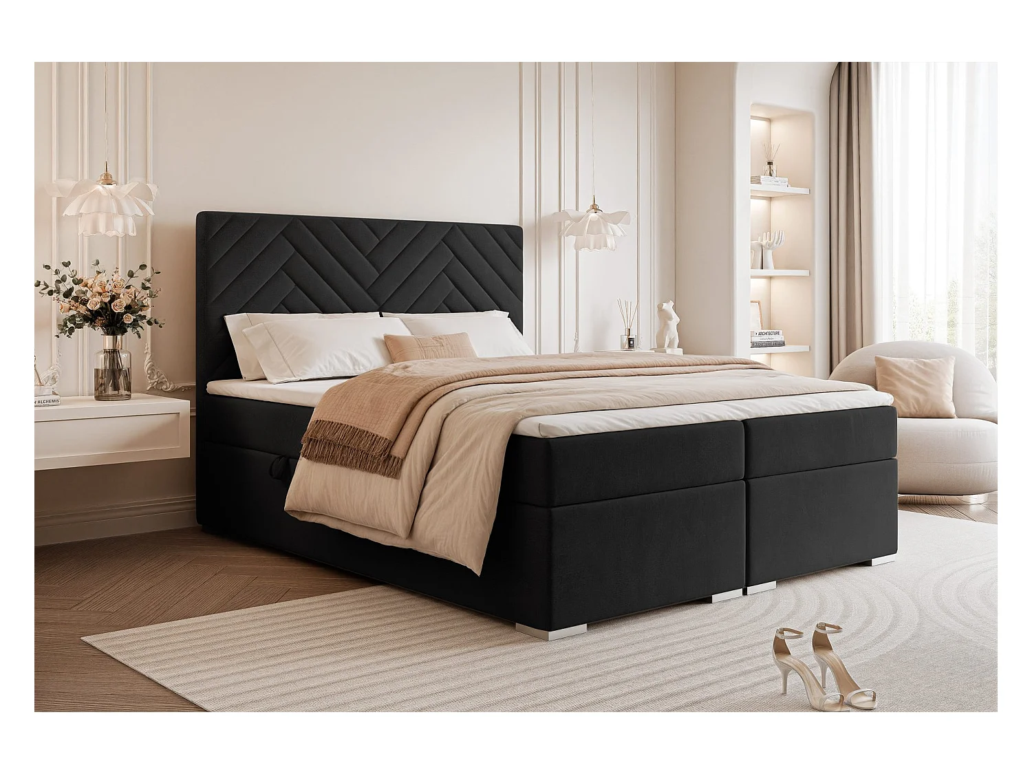 Lit continental rembourré avec surmatelas, noir - 160x200 - NEREA