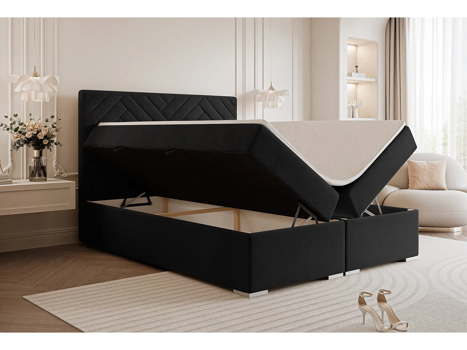 Lit continental rembourré avec surmatelas, noir - 160x200 - NEREA