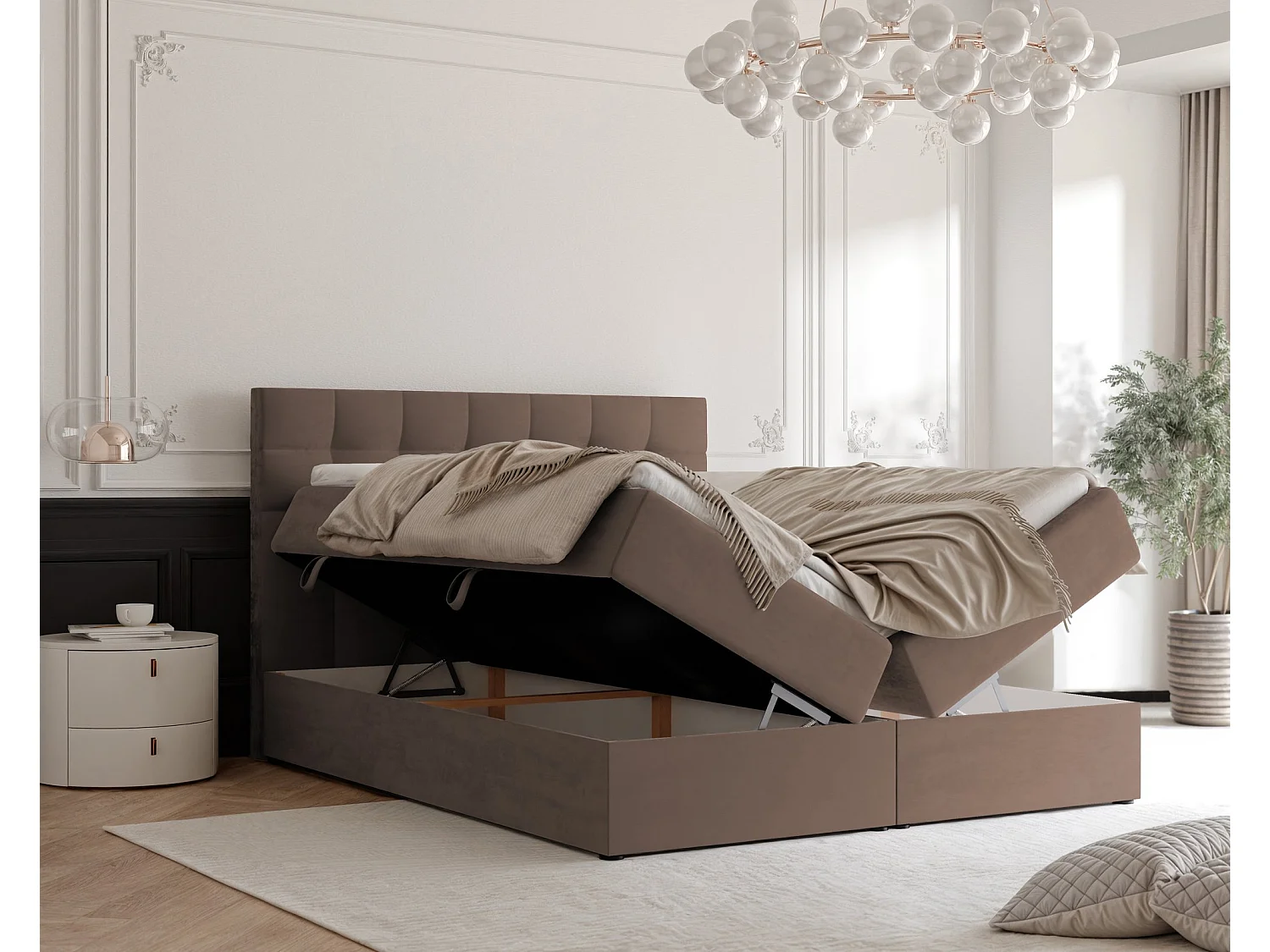 Lit continental rembourré avec surmatelas, marron - 160x200 - GRAND