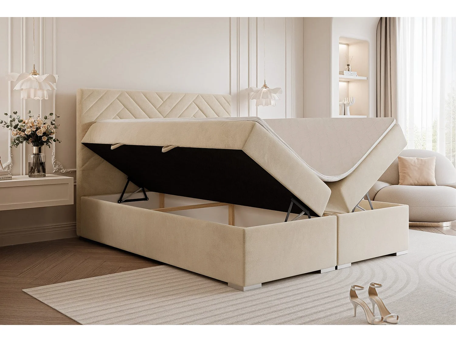 Lit continental rembourré avec surmatelas, crème - 120x200 - NEREA