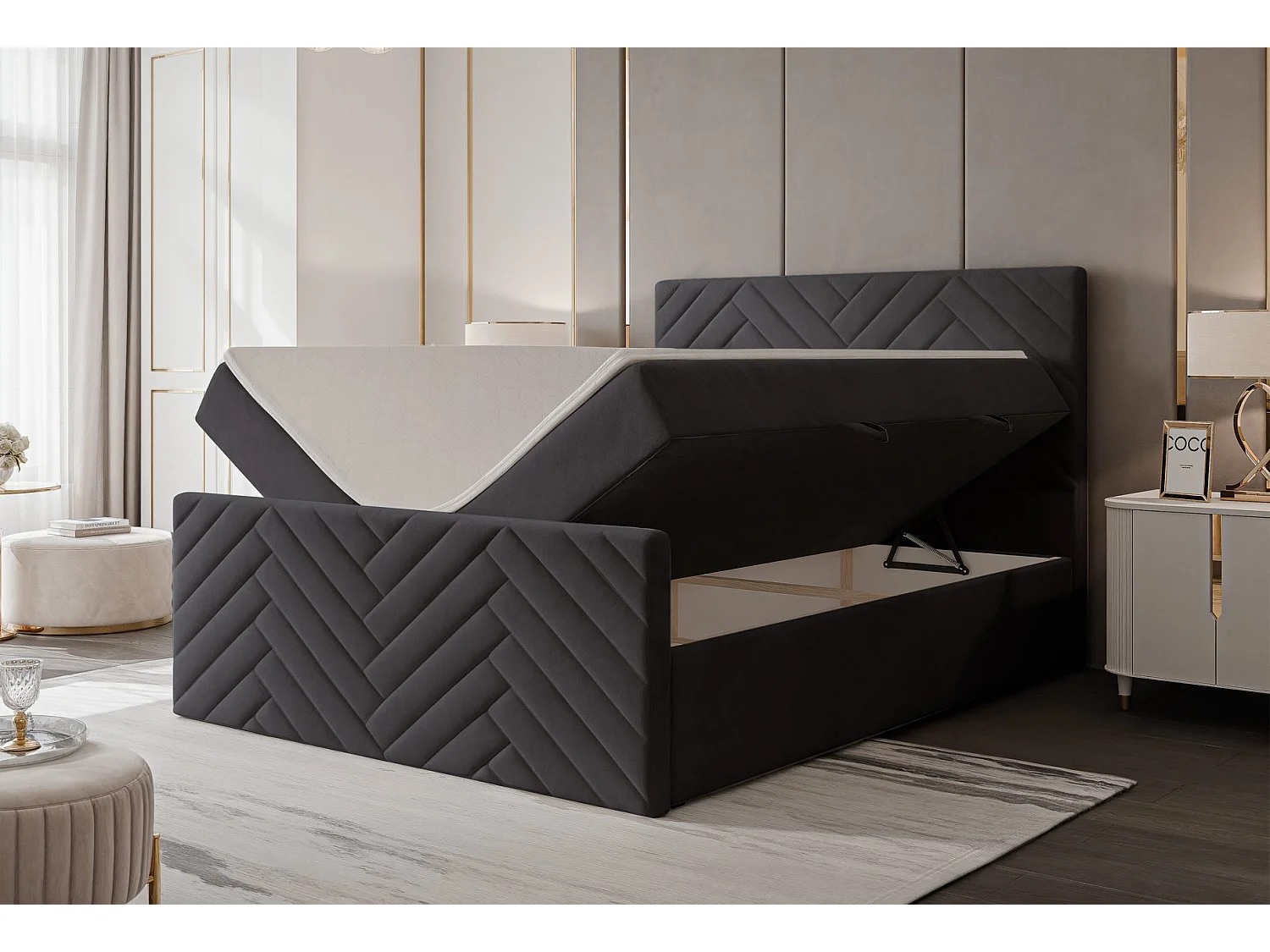 Lit continental rembourré avec surmatelas, gris anthracite - 120x200 - NEREA PLUS