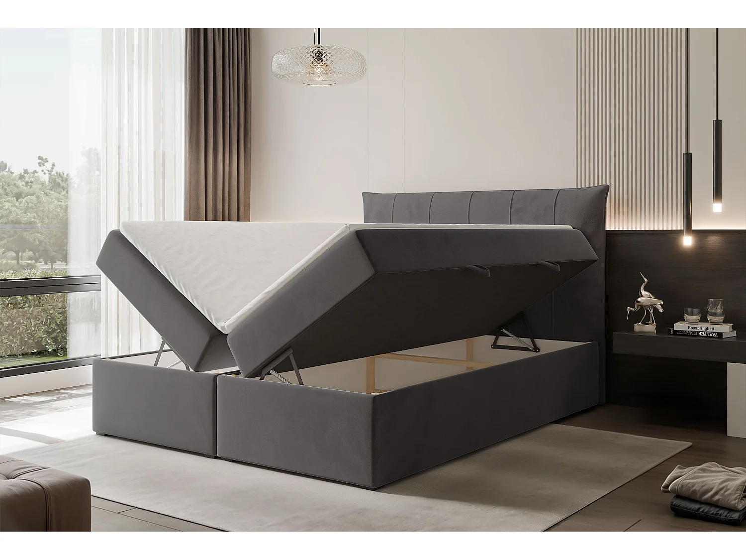 Lit continental rembourré avec surmatelas, gris anthracite - 140x200 - CHESTER