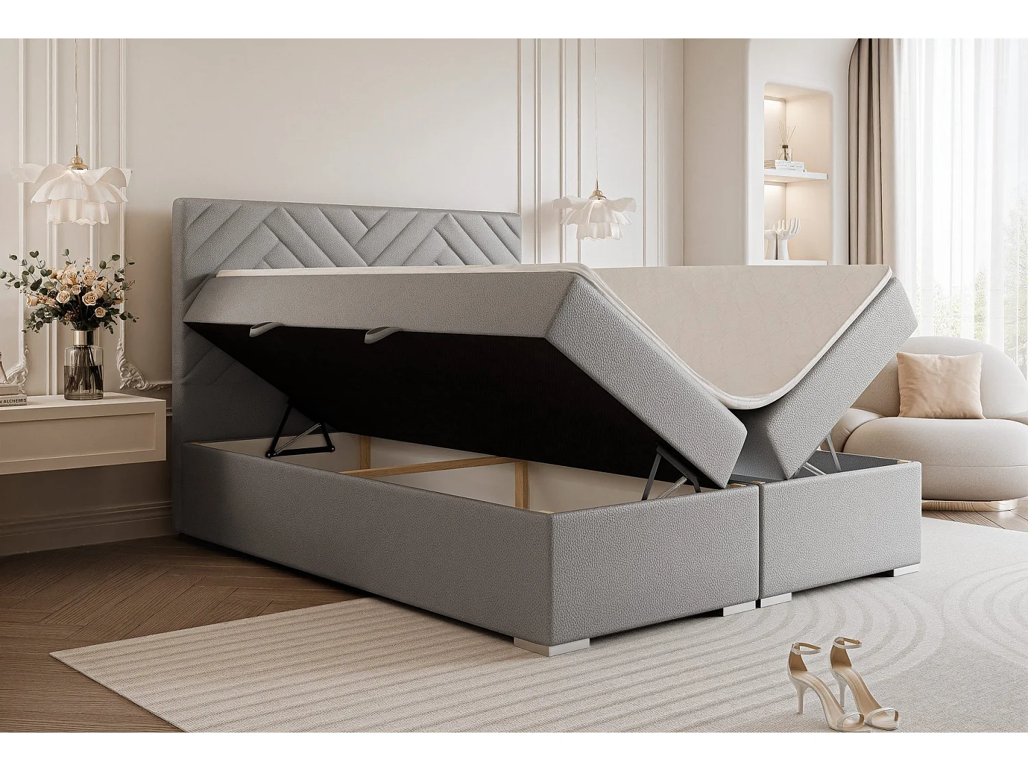 Lit continental rembourré avec surmatelas, gris  - 160x200 - NEREA