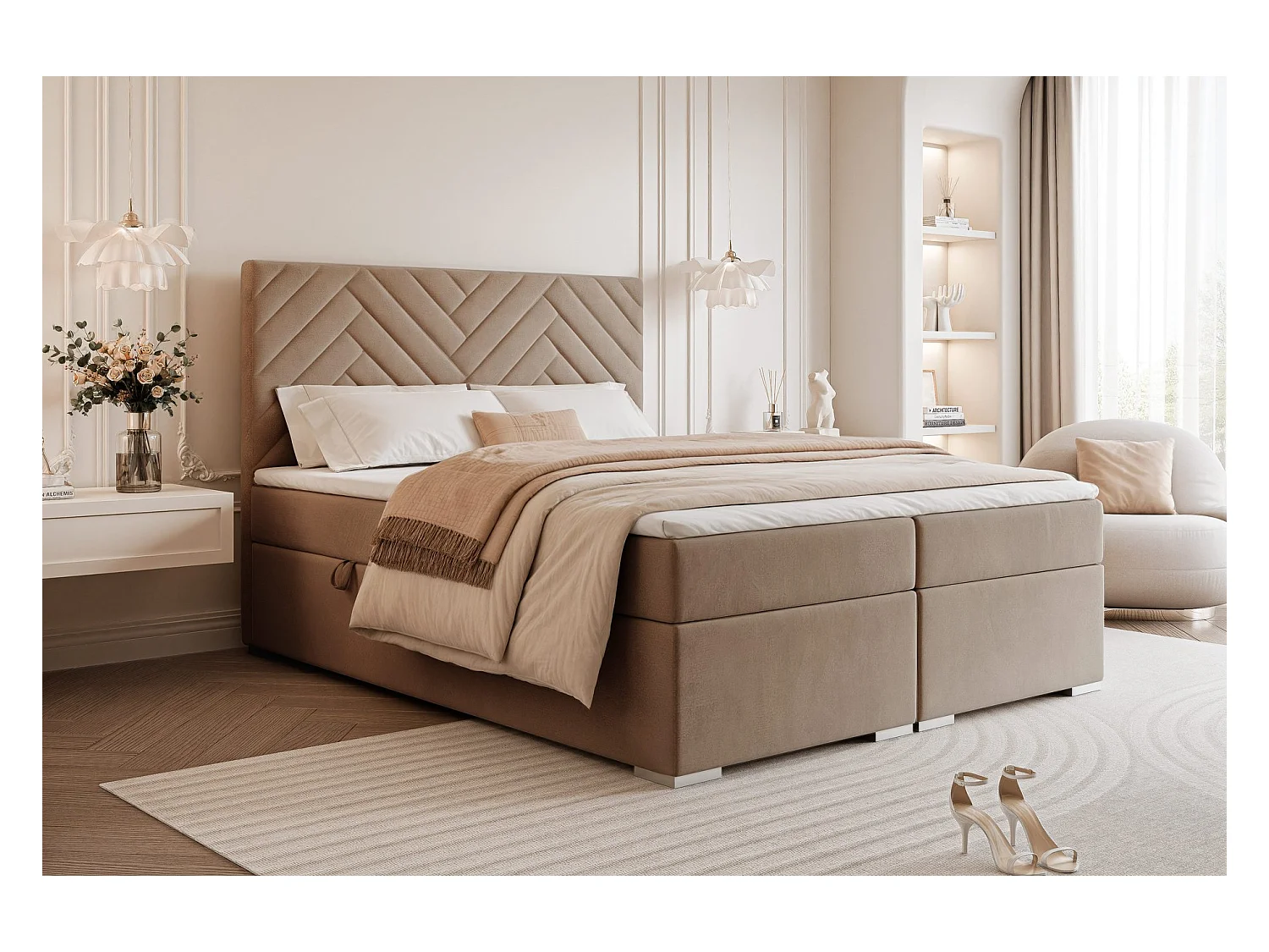 Lit continental rembourré avec surmatelas, marron - 200x200 - NEREA