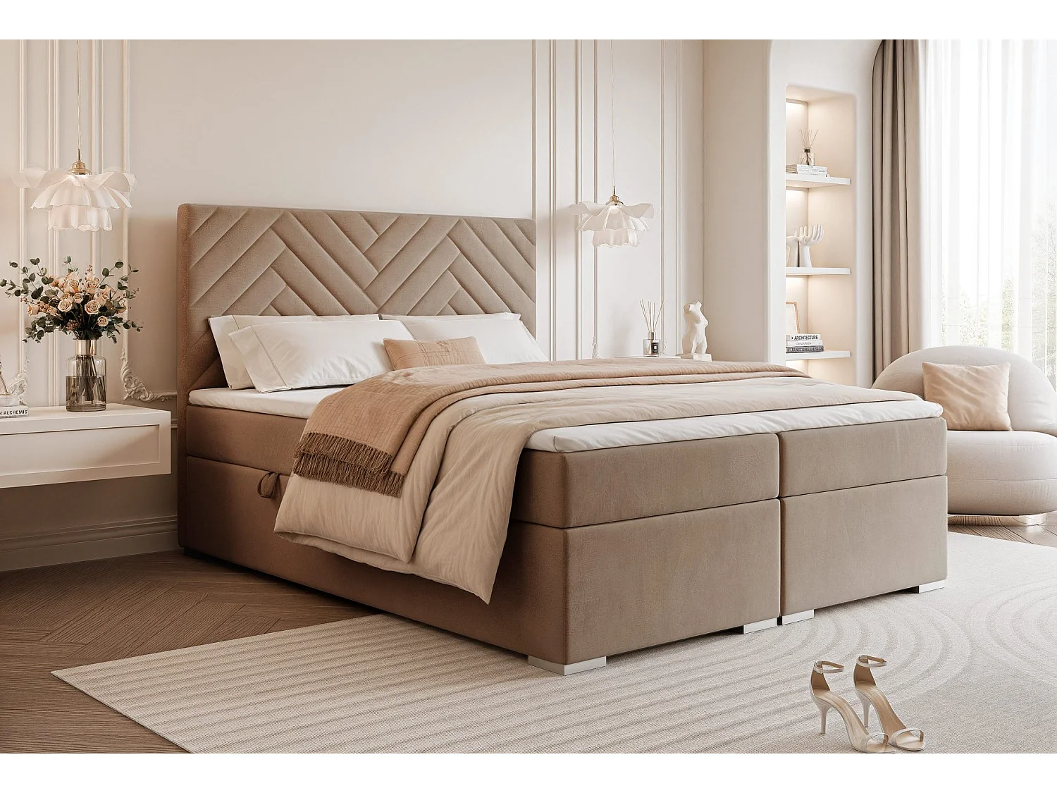 Lit continental rembourré avec surmatelas, marron - 200x200 - NEREA