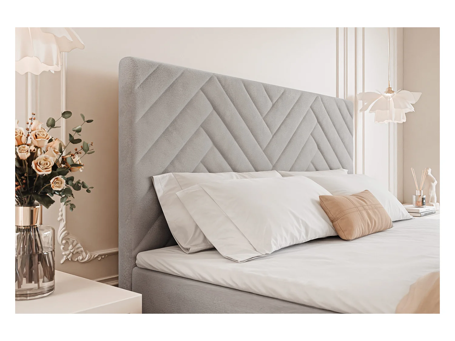 Lit continental rembourré avec surmatelas, gris clair - 120x200 - NEREA