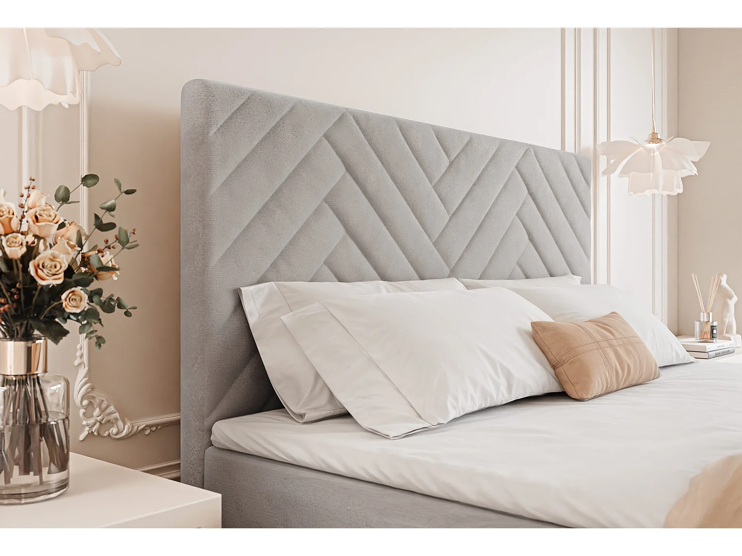 Lit continental rembourré avec surmatelas, gris clair - 120x200 - NEREA