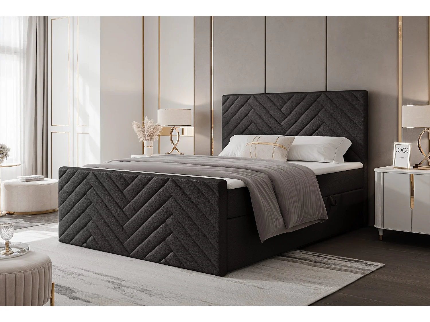 Lit continental rembourré avec surmatelas, noir  - 140x200 - NEREA PLUS