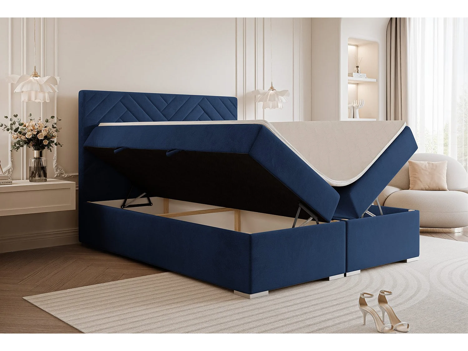 Lit continental rembourré avec surmatelas, bleu - 200x200 - NEREA