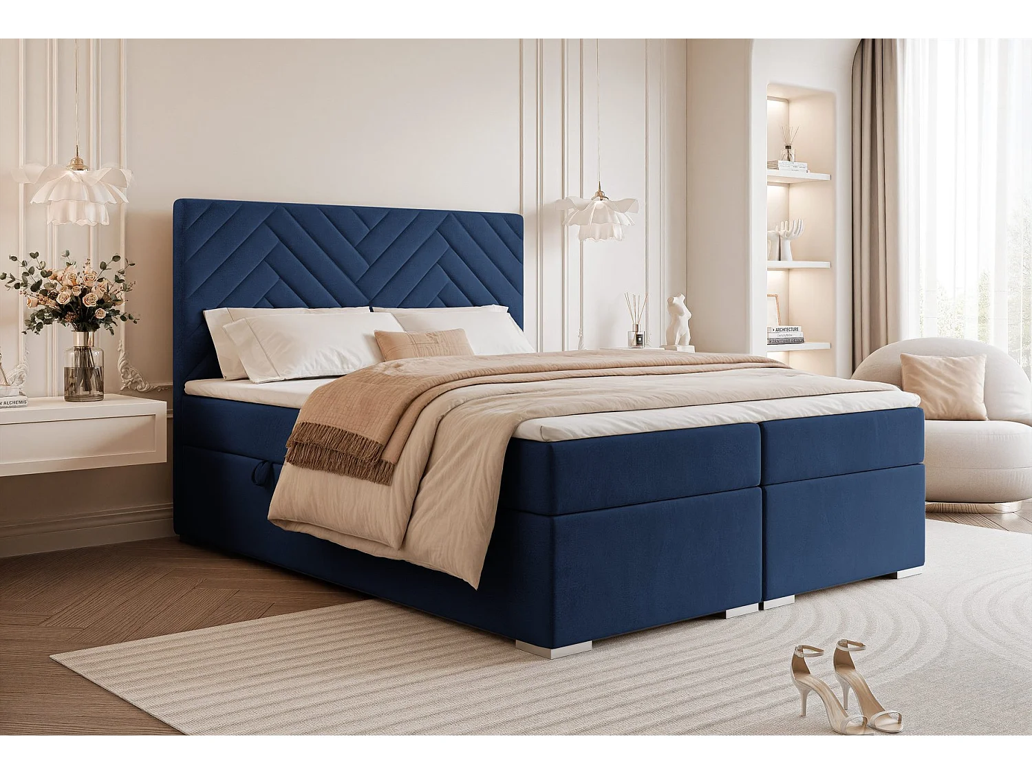 Lit continental rembourré avec surmatelas, bleu - 200x200 - NEREA