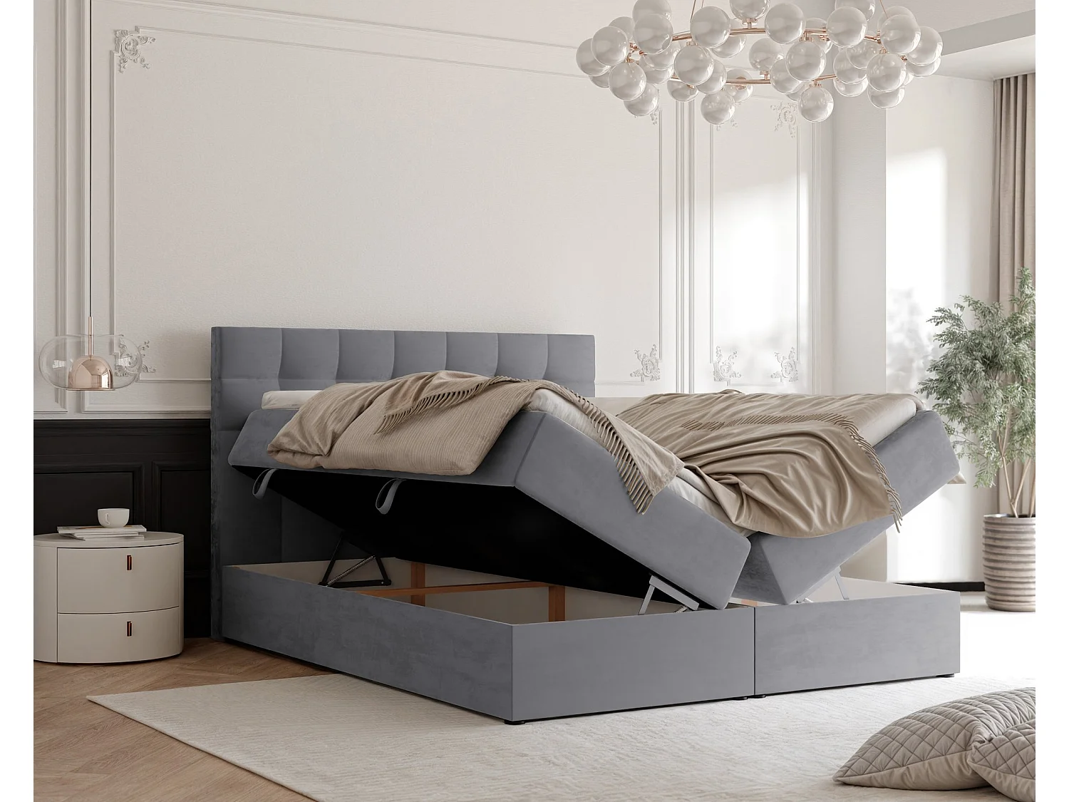 Lit continental rembourré avec surmatelas, gris clair - 140x200 - GRAND