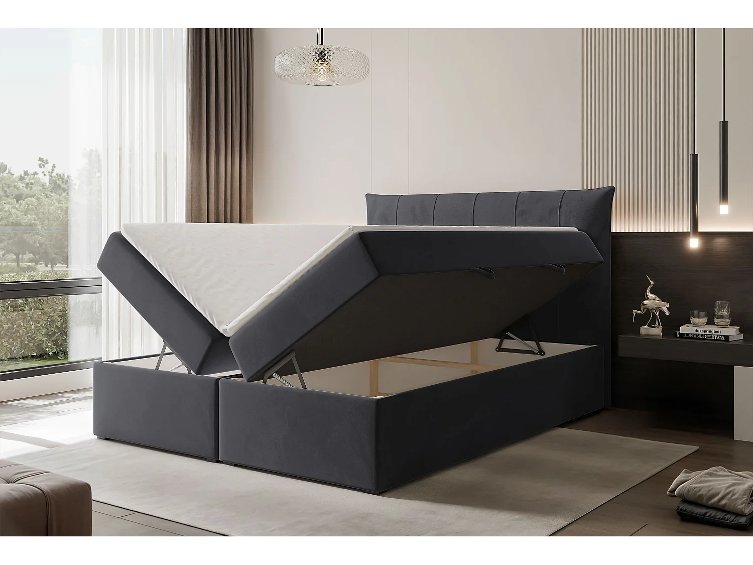 Lit continental rembourré avec surmatelas, gris anthracite - 140x200 - CHESTER