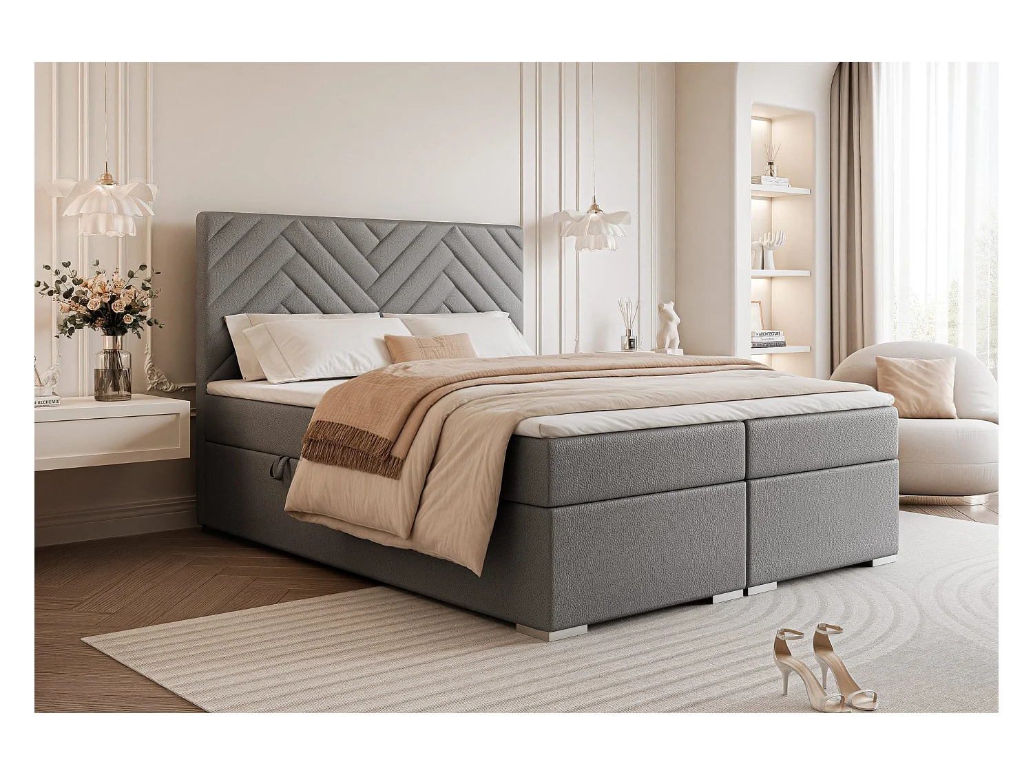 Lit continental rembourré avec surmatelas, gris  - 180x200 - NEREA