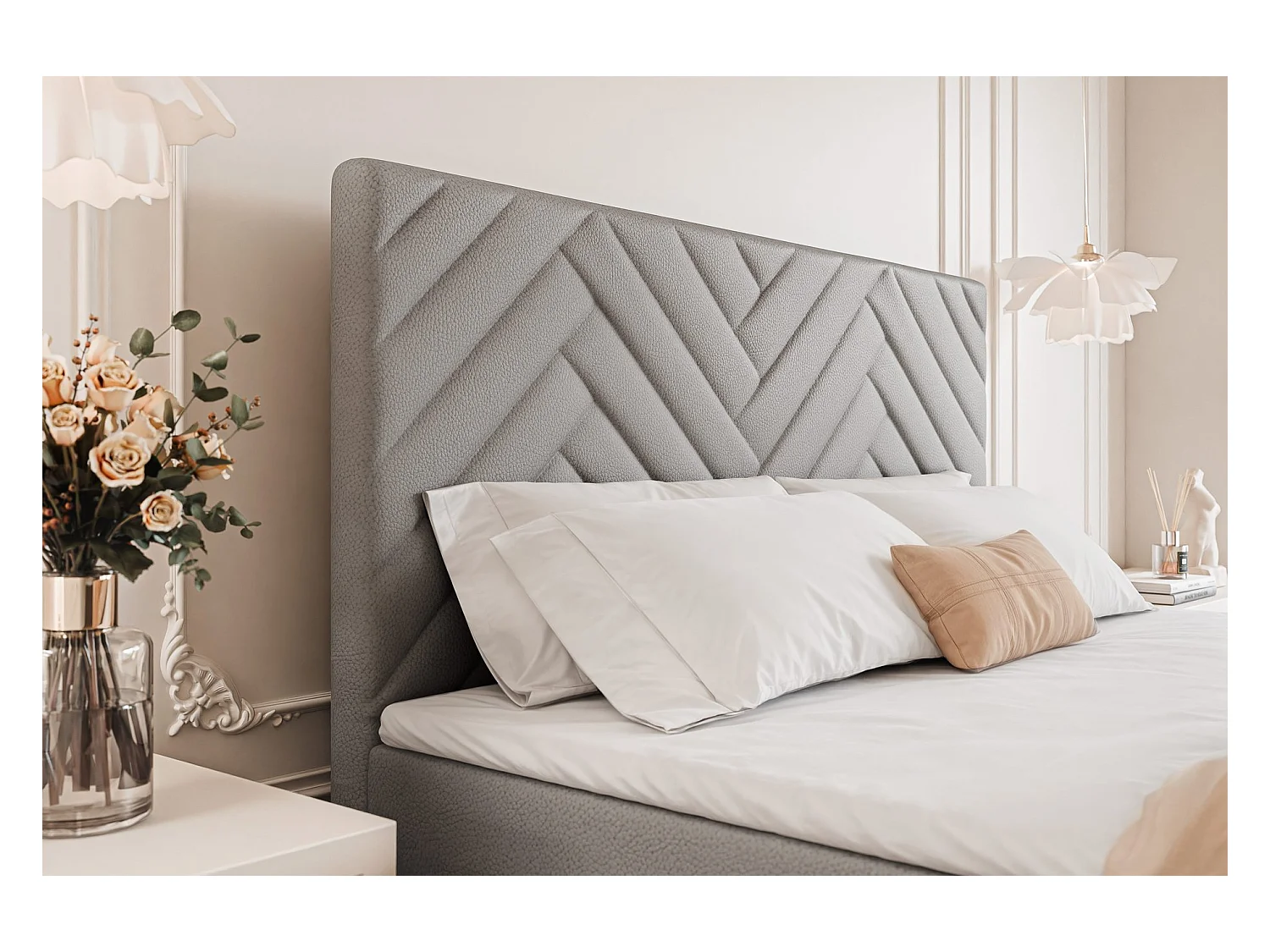 Lit continental rembourré avec surmatelas, gris  - 180x200 - NEREA