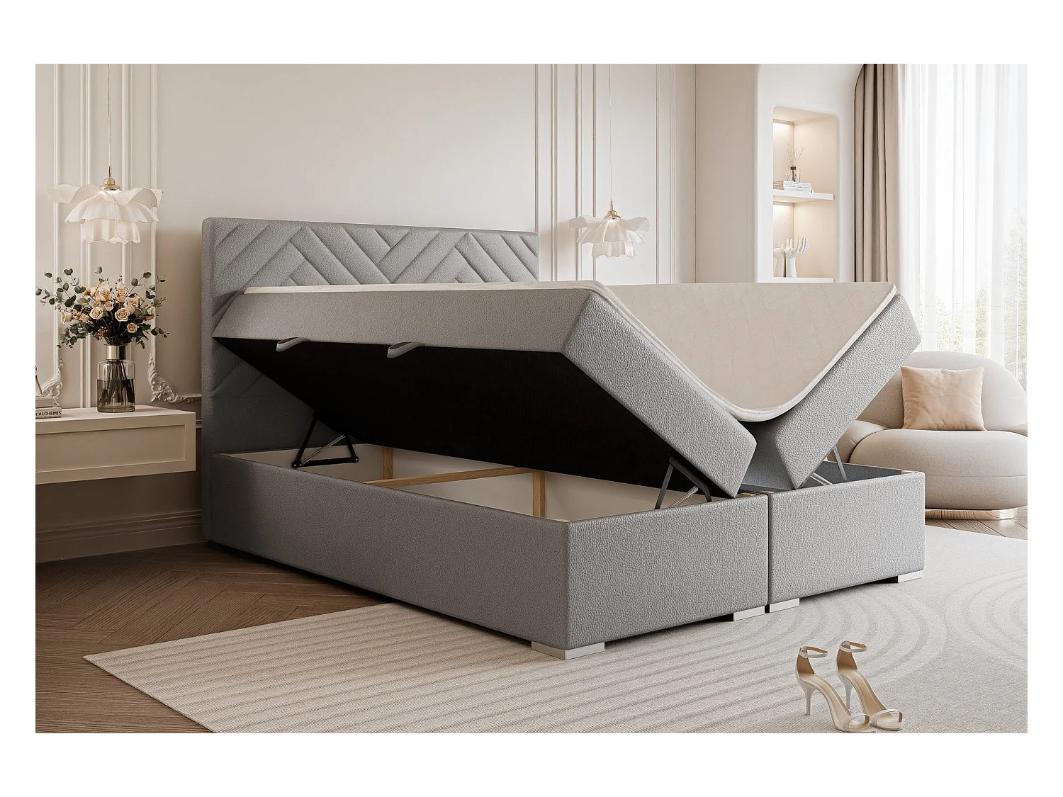 Lit continental rembourré avec surmatelas, gris  - 180x200 - NEREA