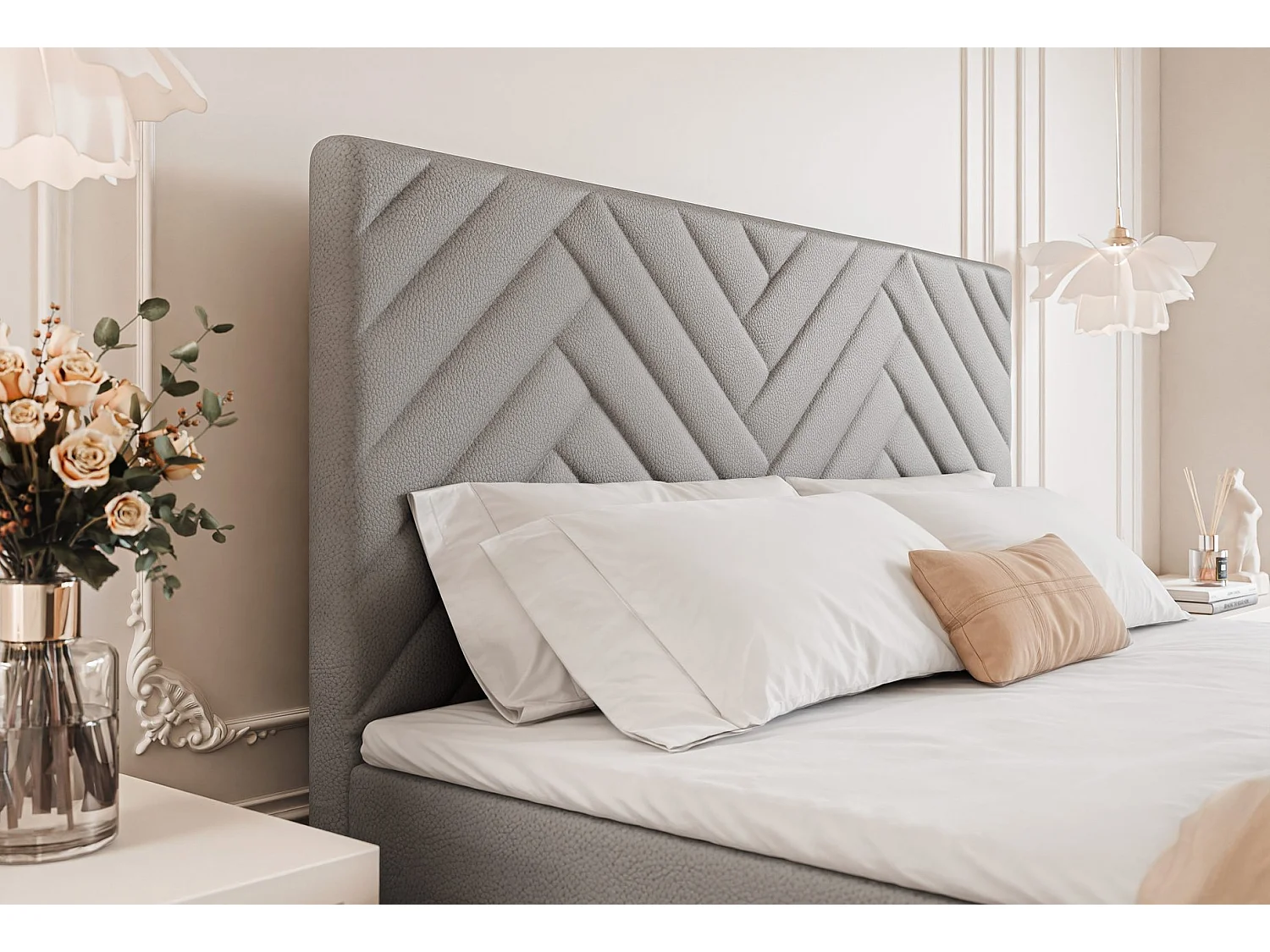 Lit continental rembourré avec surmatelas, gris  - 180x200 - NEREA