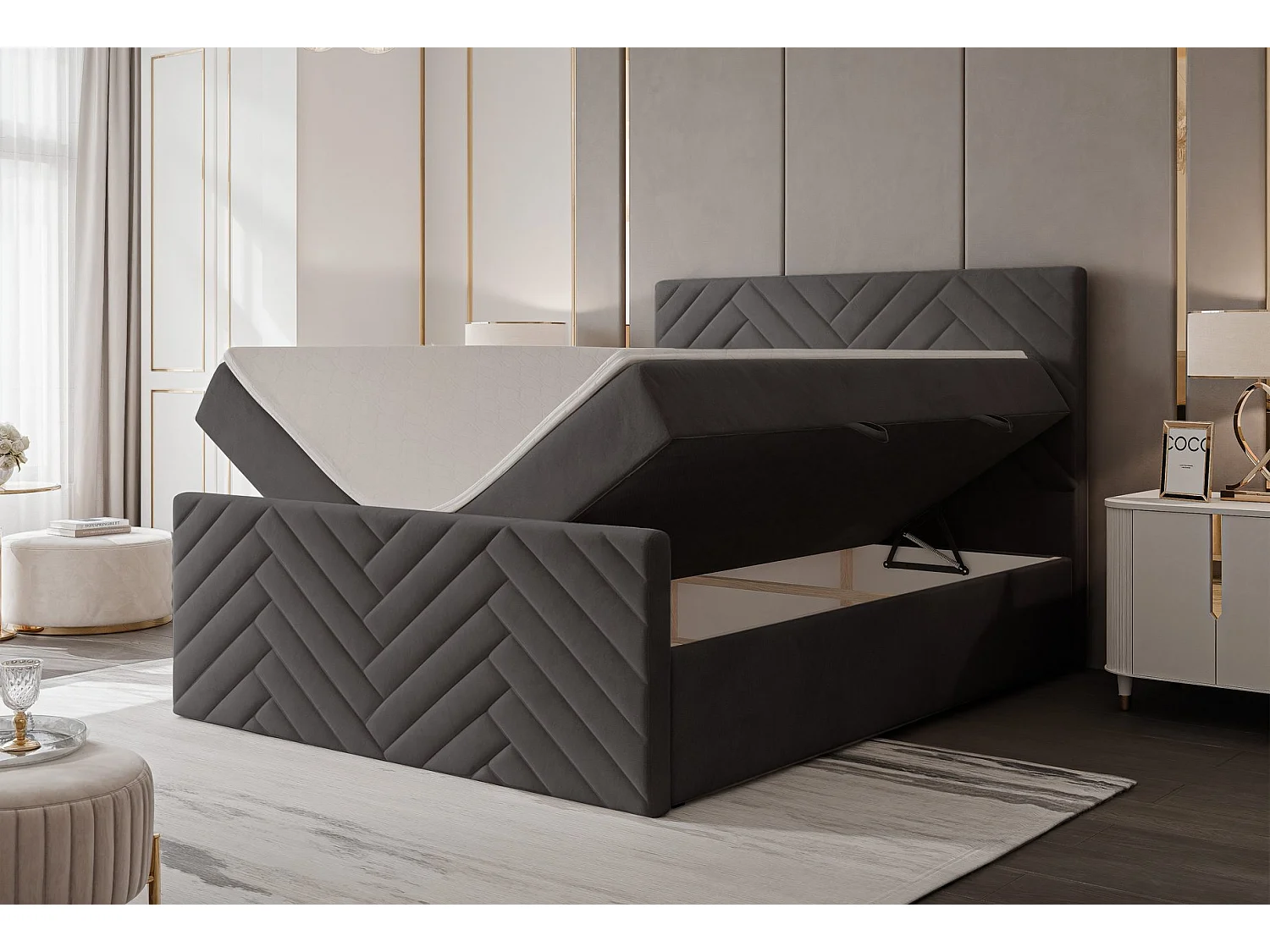 Lit continental rembourré avec surmatelas, gris anthracite - 160x200 - NEREA PLUS