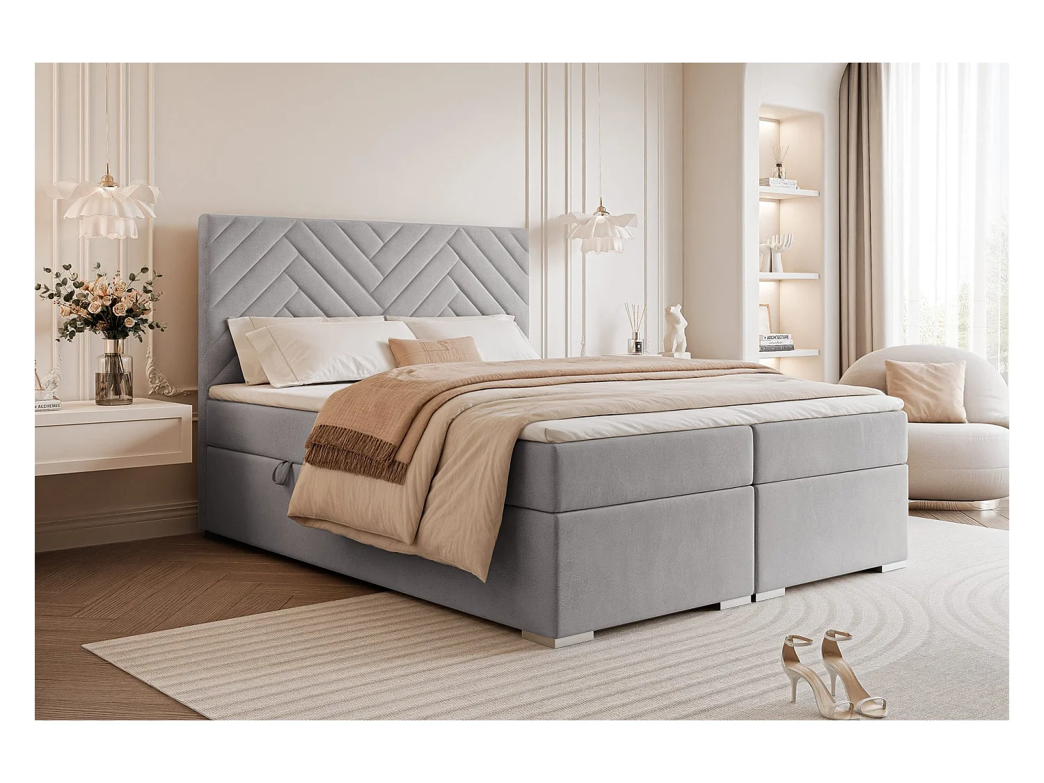 Lit continental rembourré avec surmatelas, gris - 120x200 - NEREA