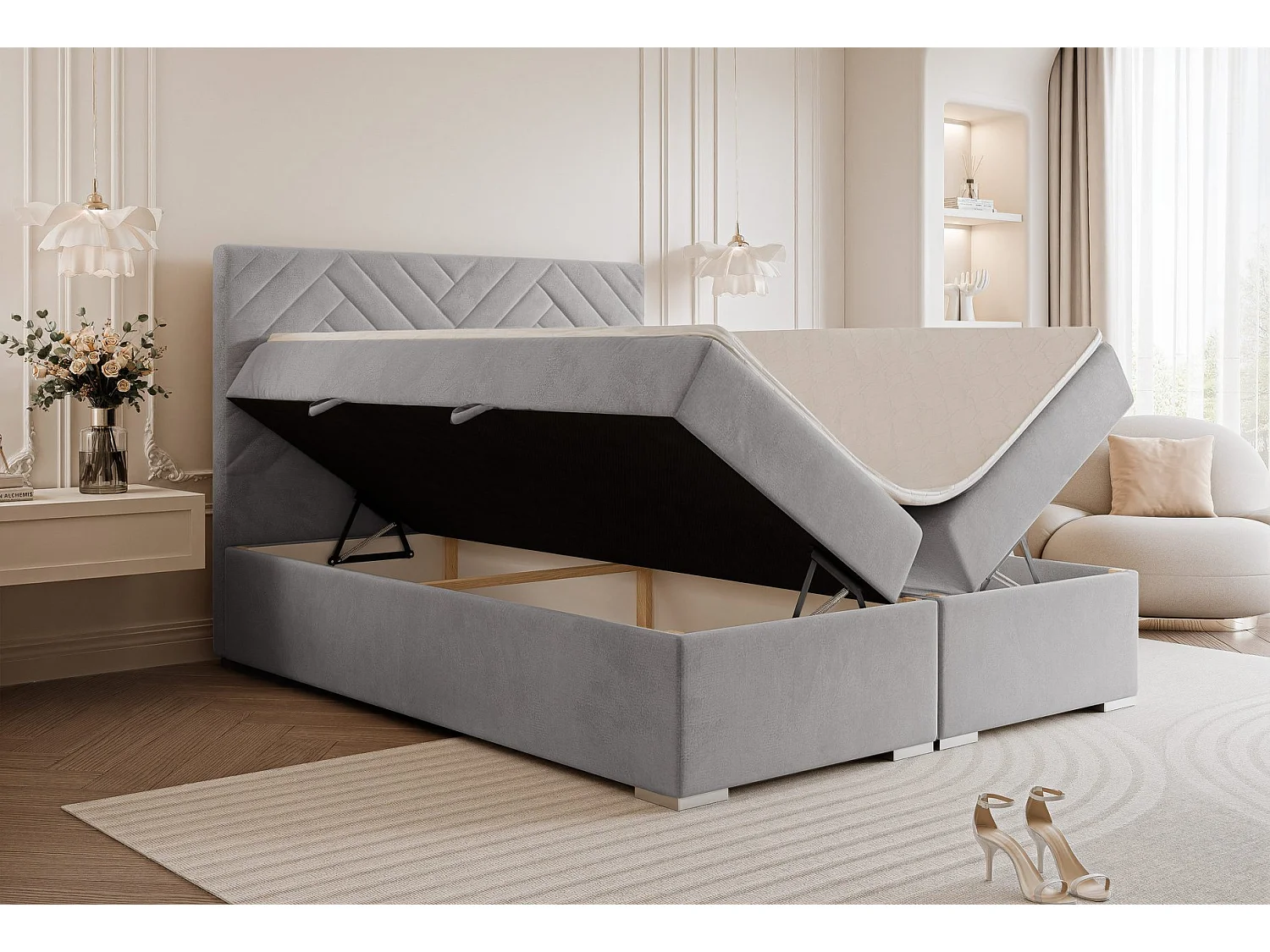 Lit continental rembourré avec surmatelas, gris - 120x200 - NEREA