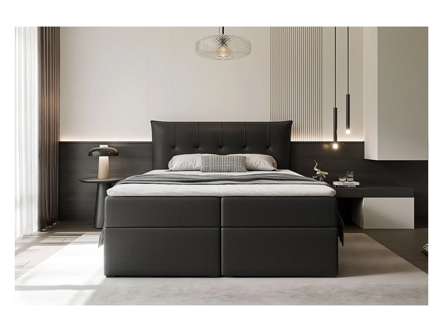 Lit continental rembourré avec surmatelas, noir  - 140x200 - CHESTER