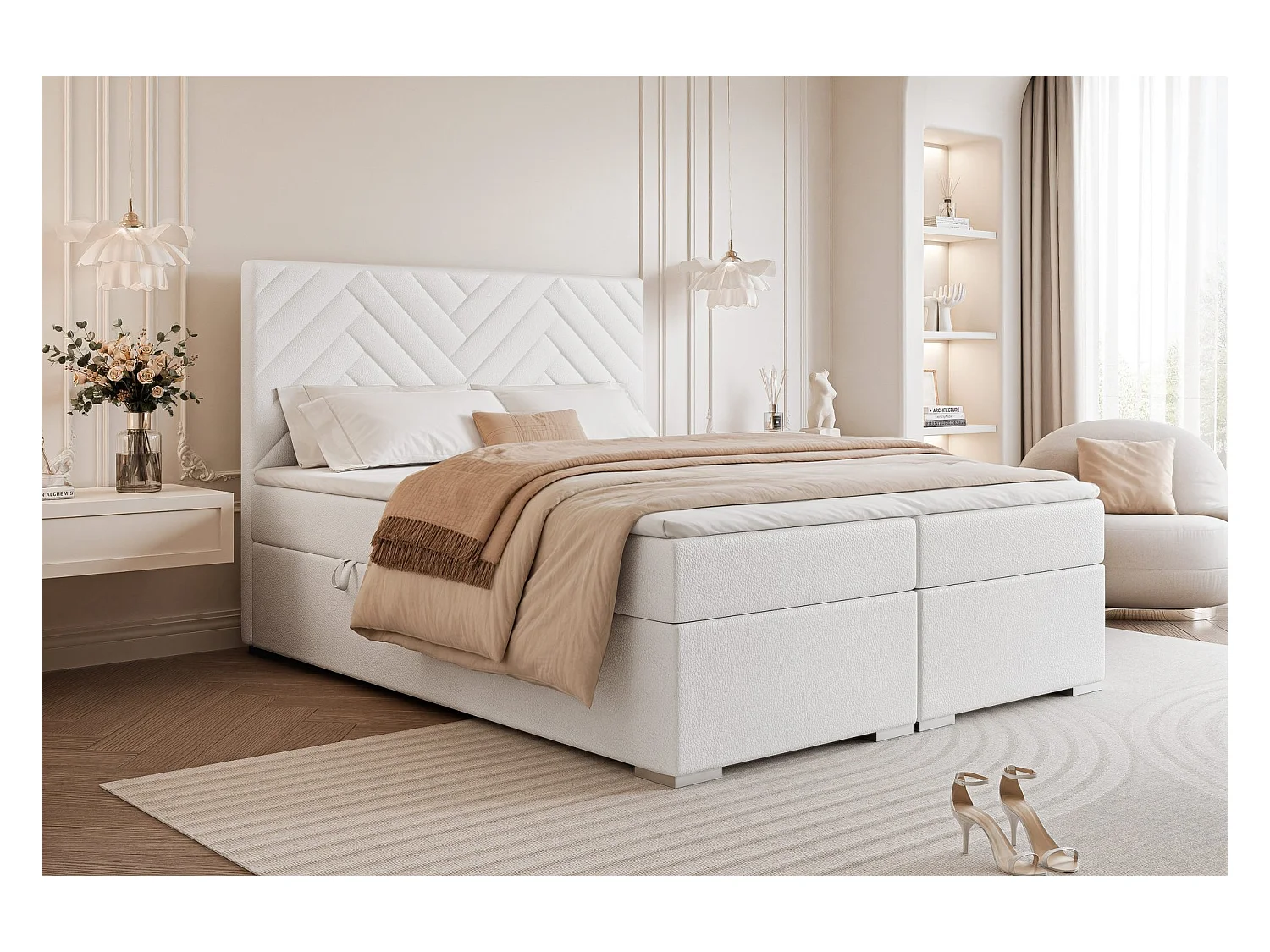 Lit continental rembourré avec surmatelas, blanc  - 180x200 - NEREA