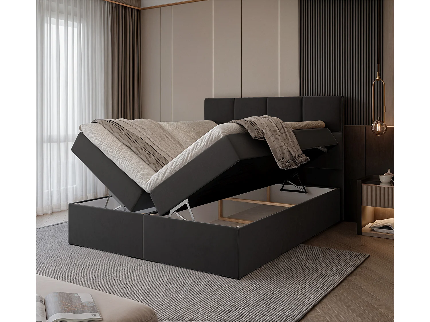 Lit continental rembourré avec surmatelas, noir - 200x200 - MAGNUS