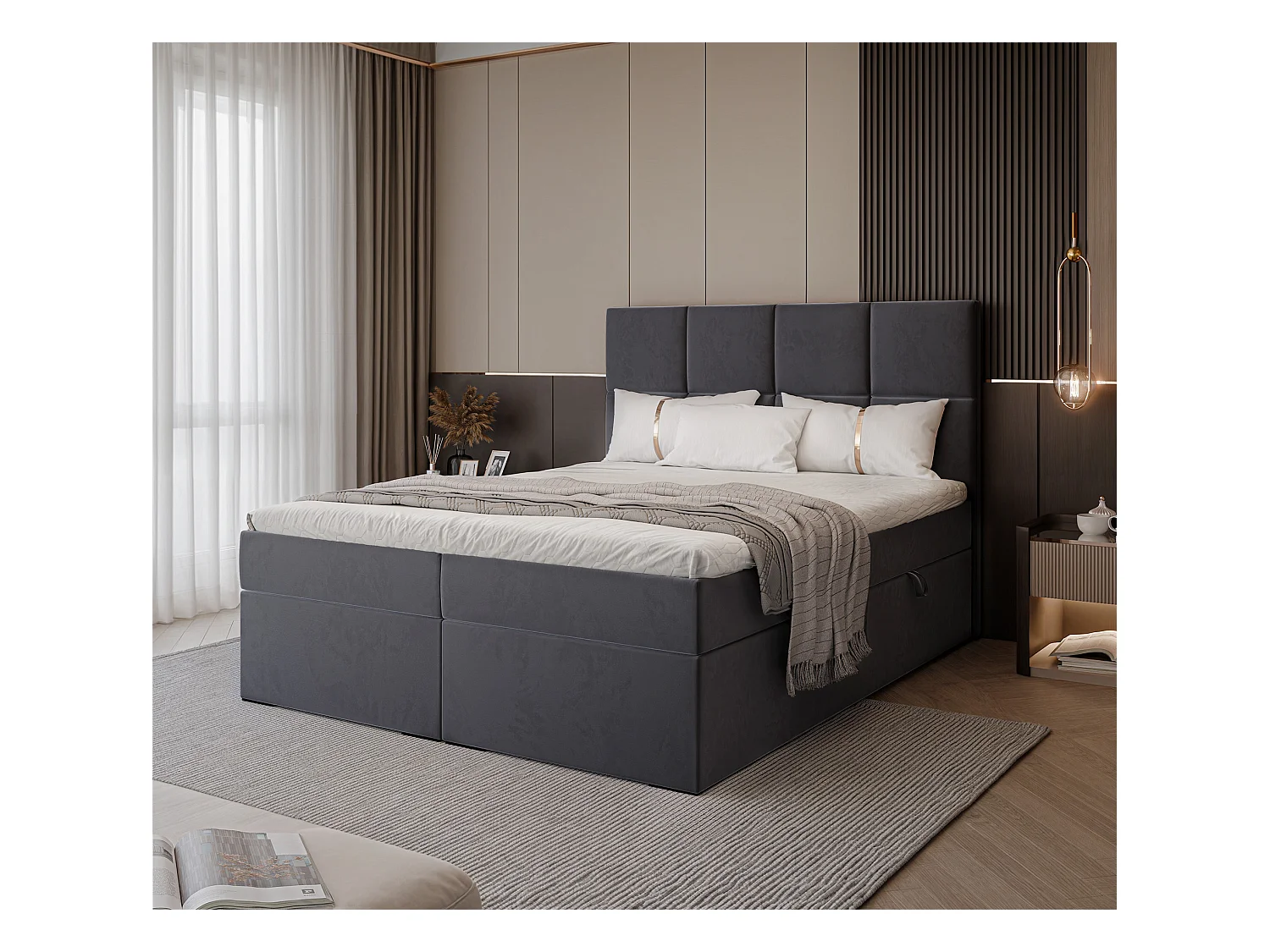 Lit continental rembourré avec surmatelas, gris anthracite - 160x200 - MAGNUS