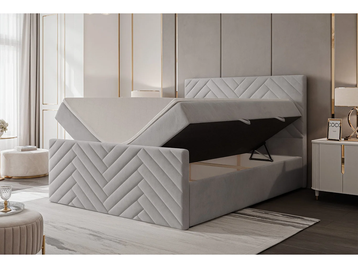 Lit continental rembourré avec surmatelas, gris - 200x200 - NEREA PLUS