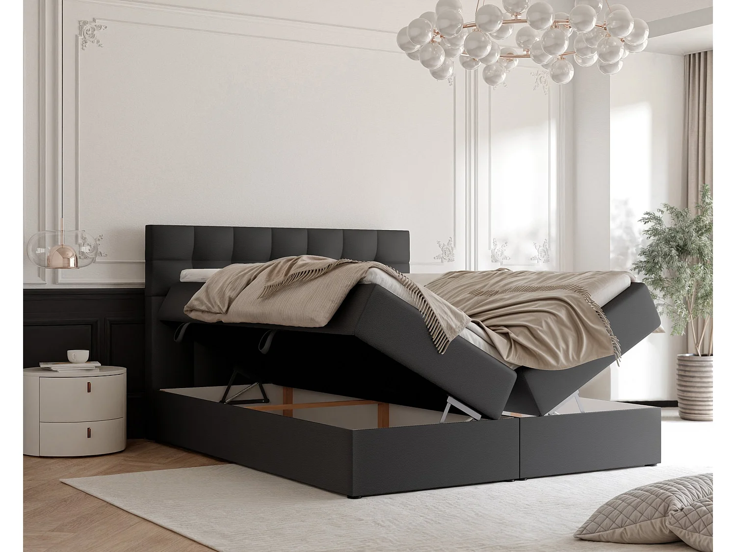 Lit continental rembourré avec surmatelas, noir  - 140x200 - GRAND