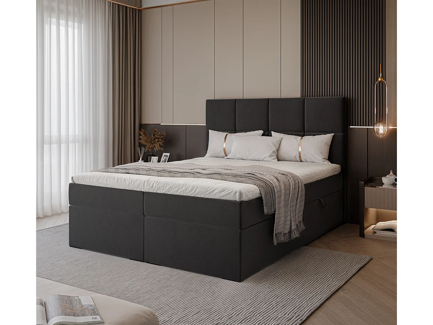 Lit continental rembourré avec surmatelas, noir - 140x200 - MAGNUS