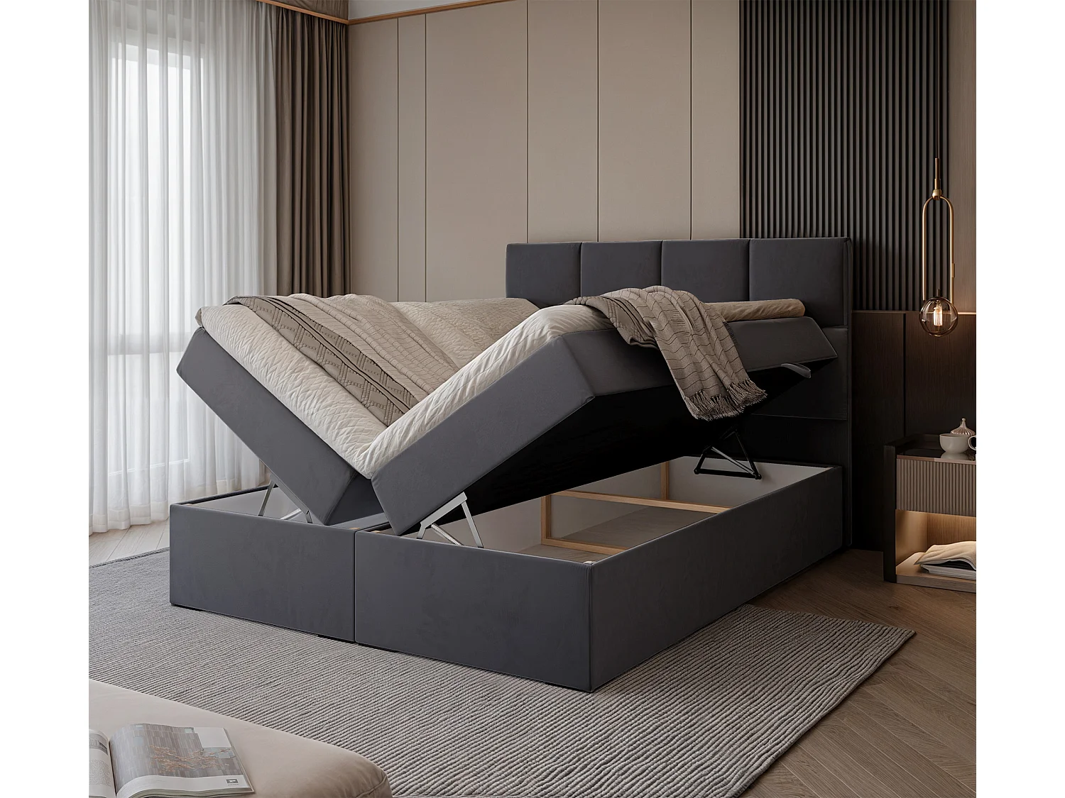 Lit continental rembourré avec surmatelas, gris anthracite - 140x200 - MAGNUS