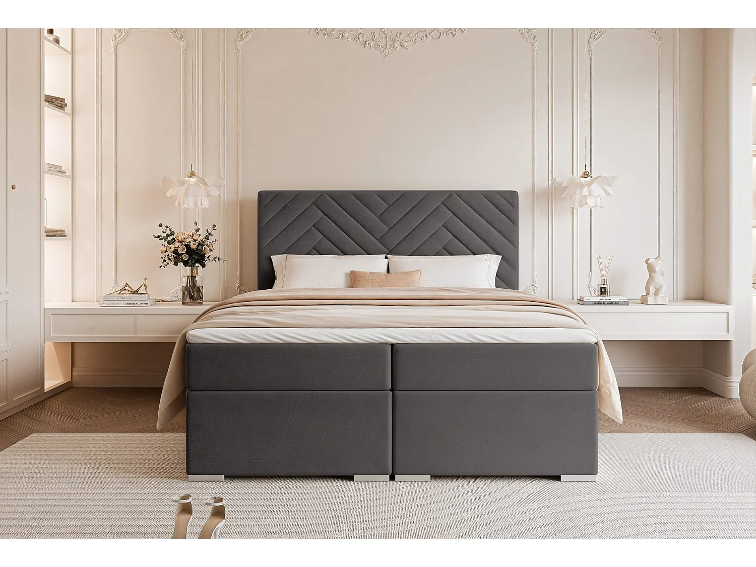 Lit continental rembourré avec surmatelas, gris anthracite - 200x200 - NEREA